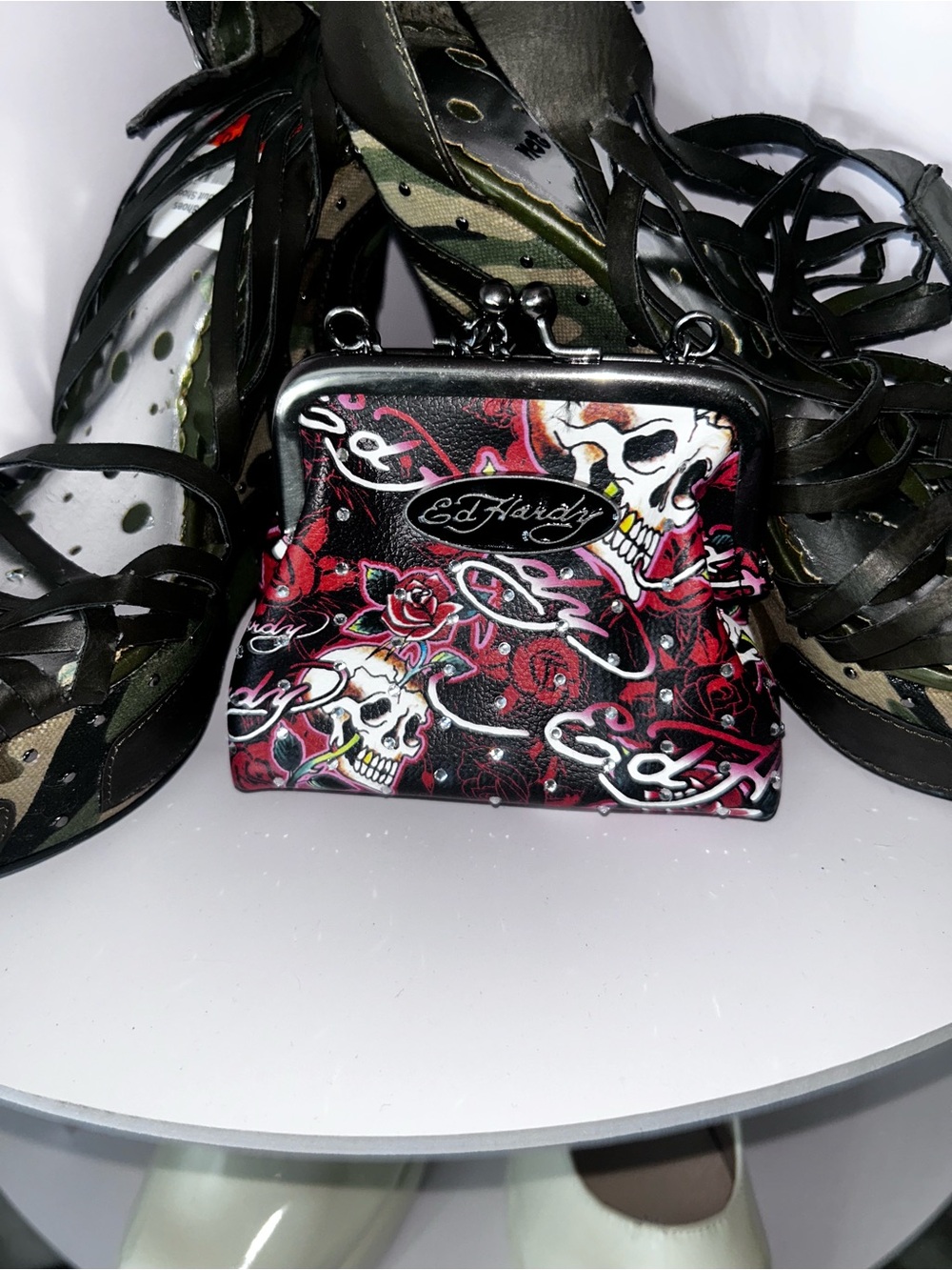 Ed Hardy Black & Red Skull Kiss-Lock Coin Purse